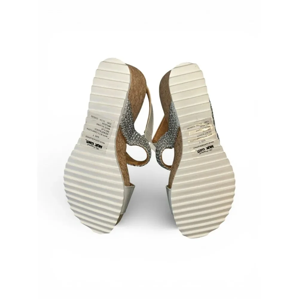 MUK LUKS Silver Glitter Cork Wedge Sandals Women’s 7 White Strappy Platform